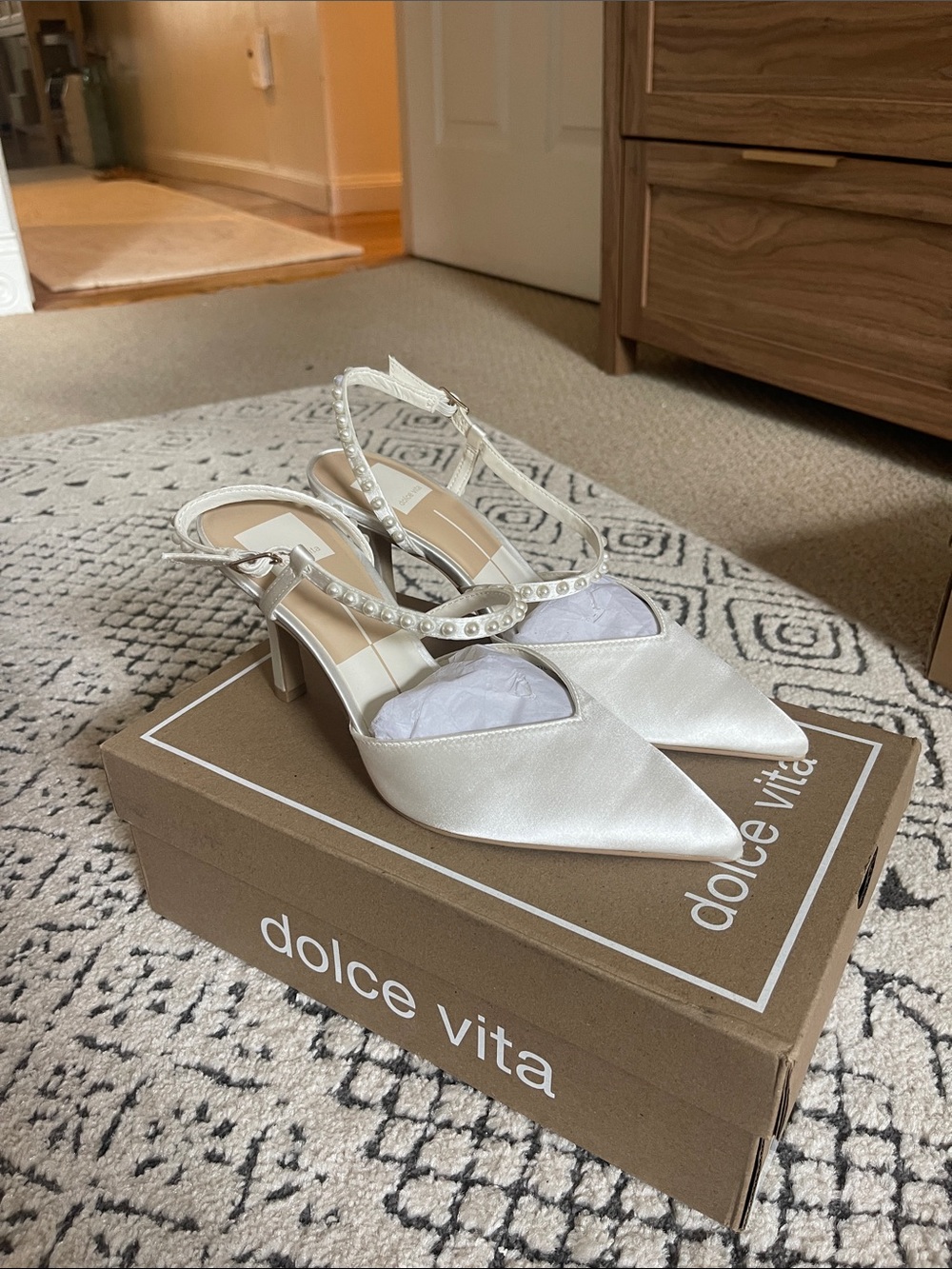 Dolce Vita Kamra Pearl-Strap Ivory Satin Pointed-Toe Heels